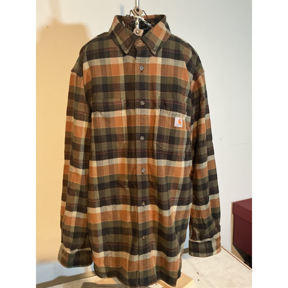 Carhartt Mens Rugged Flex Flannel Shirt Large Relaxed Fit Plaid Brown 104909 G72